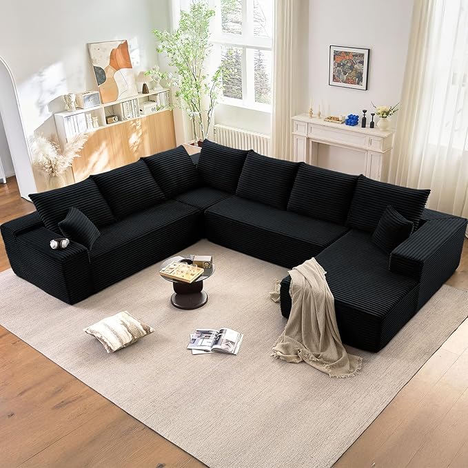 Cloud Modular Sectional Sofa for Living Room137x110 Oversized U-Shaped Couch with 9 PillowsBig Comfy Couches SetFluffy Deep-Seat Corduroy Sofa with ChaiseNo Assembly (BlackRight-Facing Chaise)