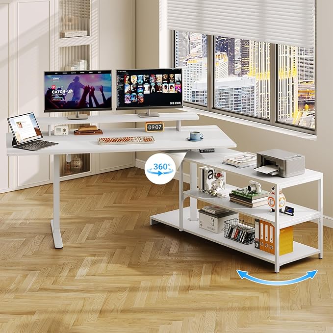 Standing Desk with File Cabinet 63x24'' L Shaped Electric Stand Up Desk with Adjustable Monitor Shelf Adjustable Height 28-46'' for Home and Computer Workstation White