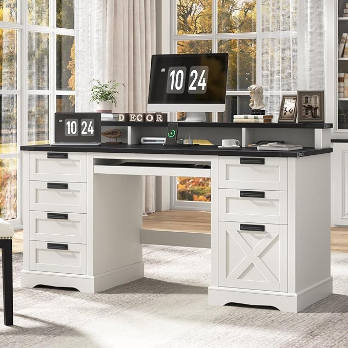 60 Farmhouse Executive Desk with 8 Drawers Wood Computer Desk with Keyboard Tray and Charging Station Home Office Desk Writing with File Drawer Fits A4 Size for Work and Study White and Black