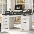 60 Farmhouse Executive Desk with 8 Drawers Wood Computer Desk with Keyboard Tray and Charging Station Home Office Desk Writing with File Drawer Fits A4 Size for Work and Study White and Black