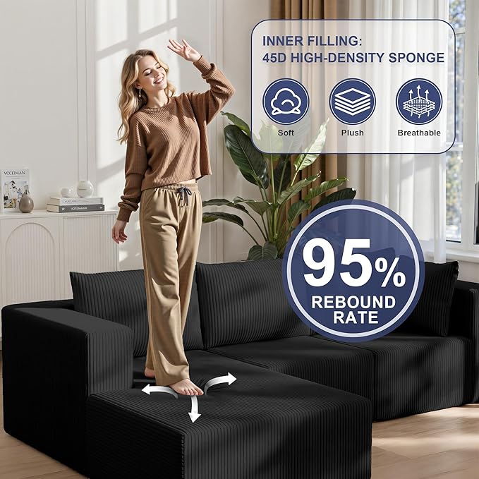 138 Boneless Couches for Living Room Modular Cloud Couch Sofa - 5 Pieces U Shap Corduroy Sectional Sofa Fluffy Memory Foam Sleeper Sofa Furniture No Assembly Wide Armrest Black