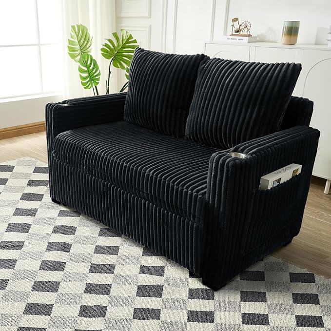 3 in 1 Pull Out Couch 56 Inch Corduroy Sofa Bed Convertible Loveseat Sleeper Sofa for Living Room Adjustment Backrest Upholstered Couch Bed with 2 Side Pockets USB Cup Holder Black