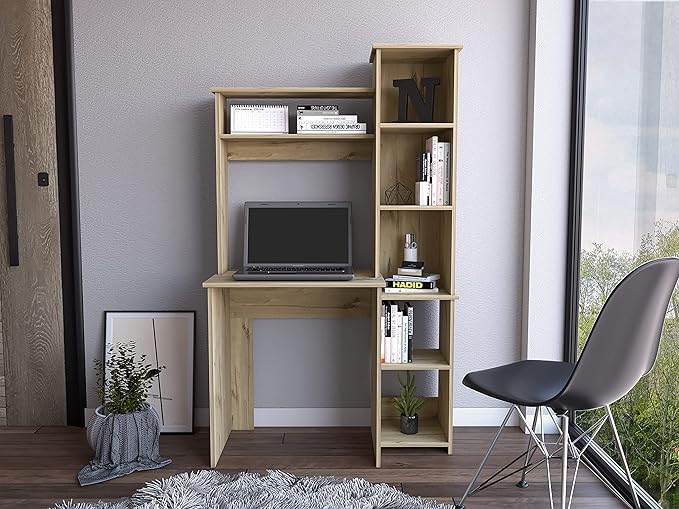 Light Oak 6-Shelf Writing Work Study Desk with Built-in Bookcase Home Office Furniture for Study and Home Office
