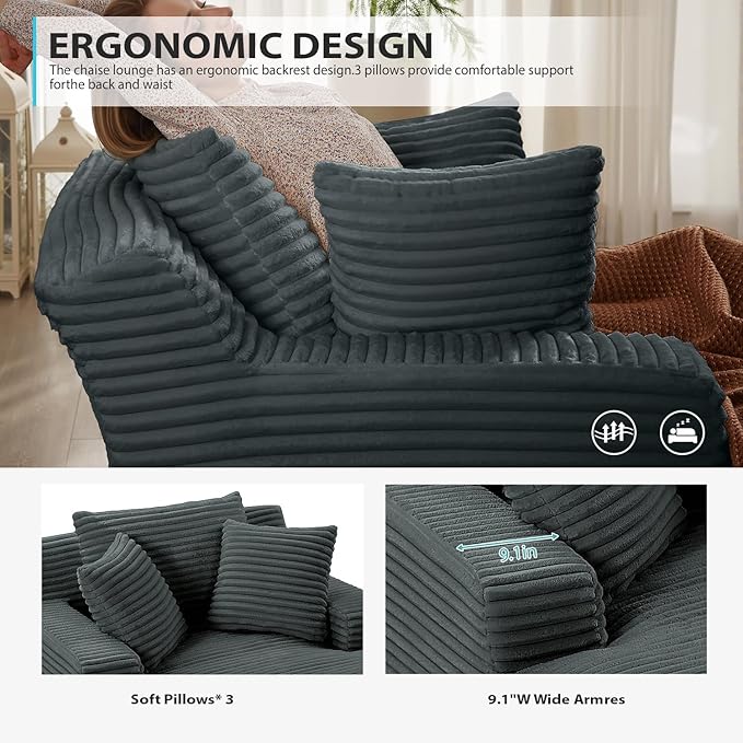 67 Inch Chaise Lounge Chair Indoor Oversized Corduroy Upholstered Boneless Sofa Bed Deep Seat Sleeper Couch Reading Chairs Cloud Sofas Couches for Living Room No Assembly Required (Dark Grey)