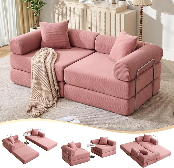 73 Convertible Sleeper Sofa Bed Corduroy Boneless Couch in a Box 4-in-1 Folding Mattress Loveseat Couch Comfy Modular Foldable Floor Sleeper Sofa with 2 Pillows and Fixed-Shape Frame (Pink 73)