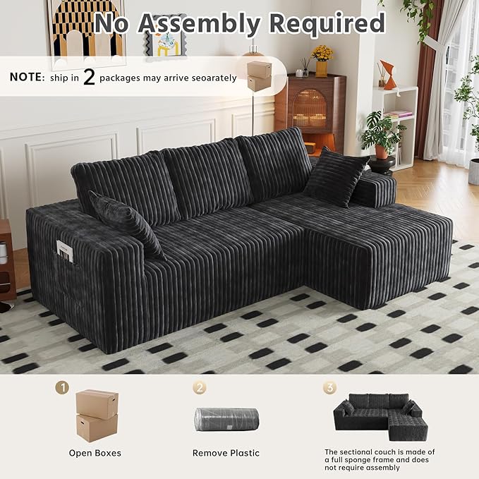 96 Cloud Sectional Couch with L-Shape Chaise4 Seat Modern Modular Sofa with Side PocketsUpholstered Couches for Living Room Bedroom Boneless CouchNo Assembly Required