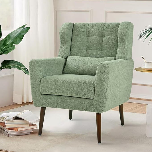 Modern Accent Chair Upholstered Arm Chair with Waist Pillow Single Sofa Chair for Living Room Bedroom Small Spaces (Light Green)