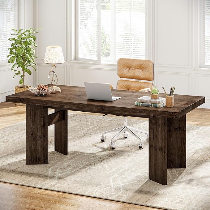 63-Inch Executive Desk Solid Wood Home Office Computer Desk with Heavy Duty Legs Modern Simple Study Writing Table for Office Conference Room Rustic Brown