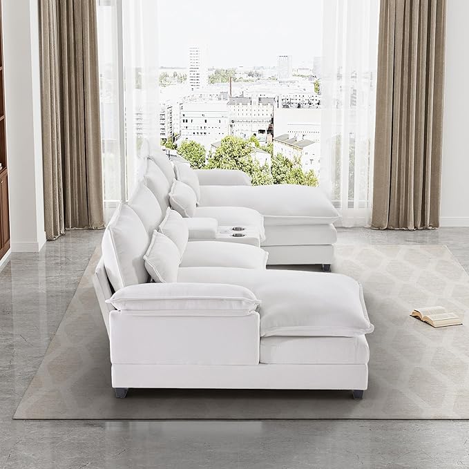 124 Oversized U Shaped Cloud Couch Modular Sectional Couches for Living Room Comfy Chenille Deep Seat Sofa Set with Double Chaise Lounge Storage Central Console Cup Holders USB Port Beige