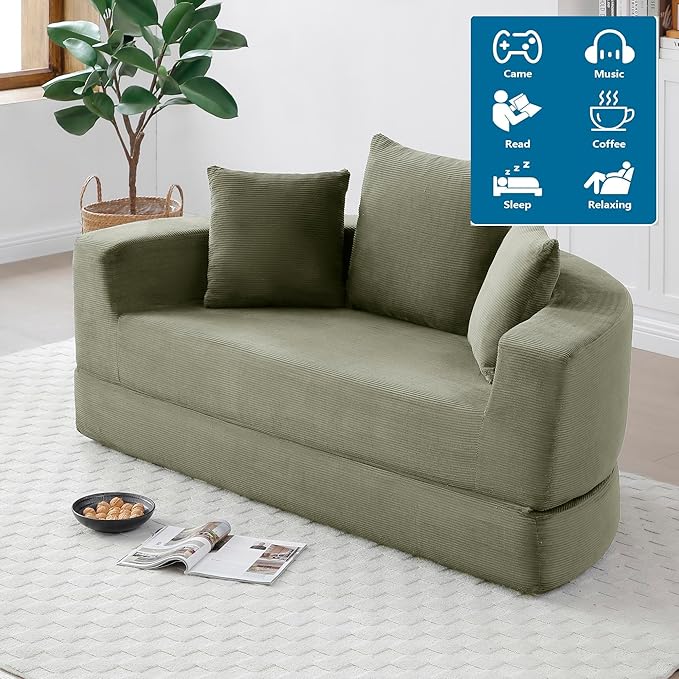 67 Round Convertible Folding Sofa Bed Boneless Couch Loveseat Floor Sleeper Chaise Lounge for Living Room Apartment Dorm Small Spaces Green