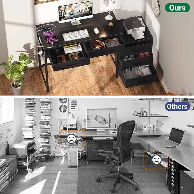 Unikito Reversible Computer Desk with 5 Drawers Sturdy Office Desk with Power Outlets and USB Ports Corner Writing Table with File Cabinet &amp Printer Stand Vanity Desk with Storage Black