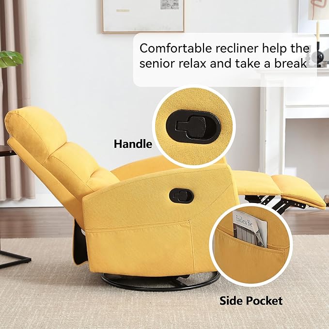 Slim Lazy Boy Recliners for for Adults Swivel Rocking Chair Recliner with High Back Small Recliner Chair for Small Spaces Manual Reclining Chair for Living Room Adjustable Footrest (Yellow)