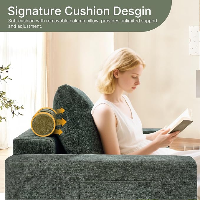 Convertible Sofa Bed Pull Out Loveseat Sleeper Couch with Pillows 2 in 1 Foldable Couch Bed with detachable mattress Modern Chenille Floor Futon Sofa with Pillows for Living Room Bedroom (Green)