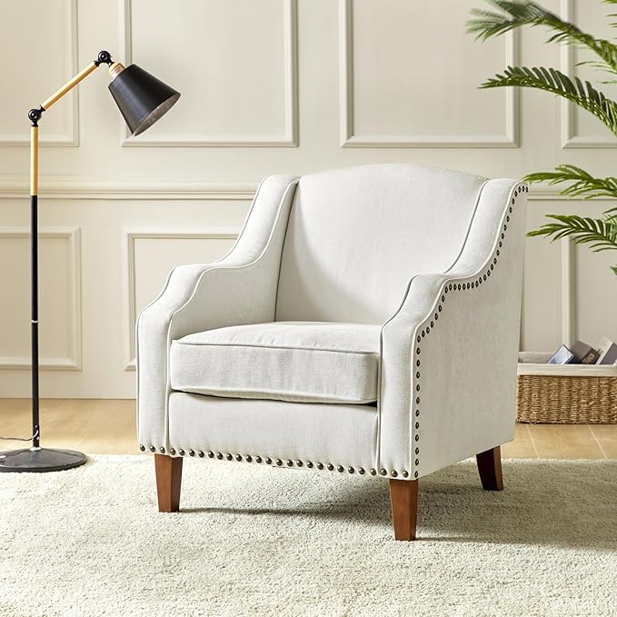 HULALA Home Accent Chair with Swoop Arms Upholstered Armchair with Removable Cushion &amp Solid Wood Legs Nailhead Trim Single Sofa Chair Reading Chair for Living RoomLounge Room Ivory