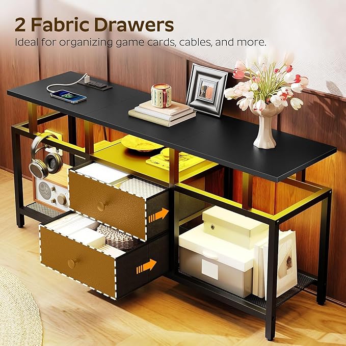 TV Stand with LED Light and Power Outlets Entertainment Center with Fabric Drawers and Open Shelves 41.7 TV Cabinet for TVs up to 45 Inch Media Console for Living Room Bedroom DS03UDBB