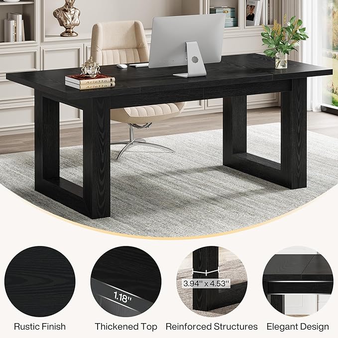 Tribesigns 63-Inch Executive Desk Modern Wood Office Desk Large Computer Table with Solid Wooden Base Work Desk for Home Office (Black)
