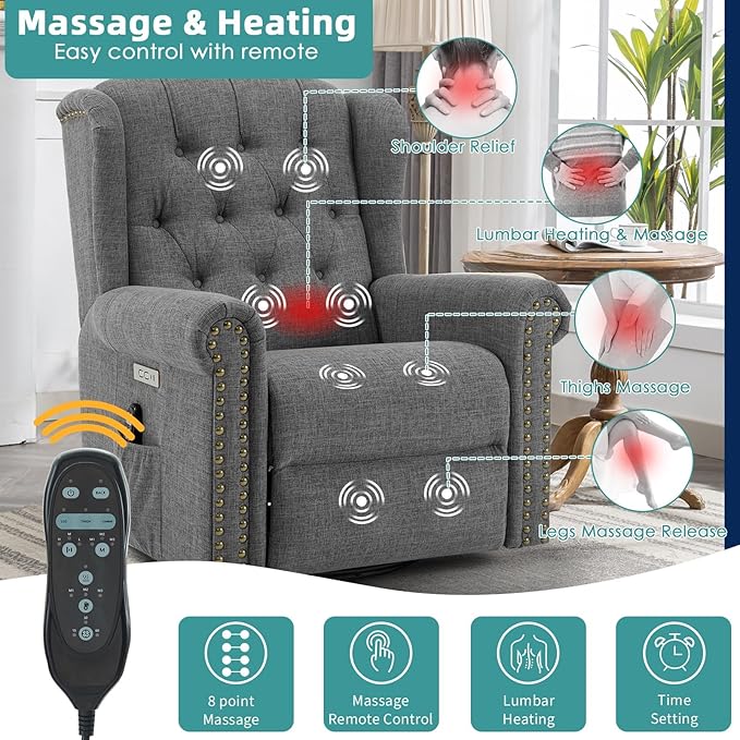 MEETWARM Power Swivel Rocking Glider Recliner Chair Electric Rocker Nursery Reclining Chair with Heat and Vibration Wingback Tufted Upholstered Recliner for Living Room Type-C and USB Ports (Grey)
