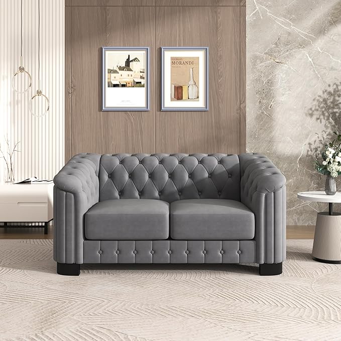 64.3 Velvet Upholstered Loveseat SofaModern Loveseat Sofa with Thick Removable Seat Cushion for Living RoomBedroomor Small SpaceGrey