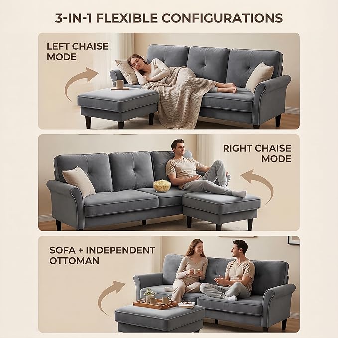 Sofas for Living Room 83 Velvet Sectional Couch with Moveable Ottoman Midcentury Modern Small Sectional Couch L Shape Sofa &amp 2 Seater Couches for Living Room Apartment Bedroom Grey