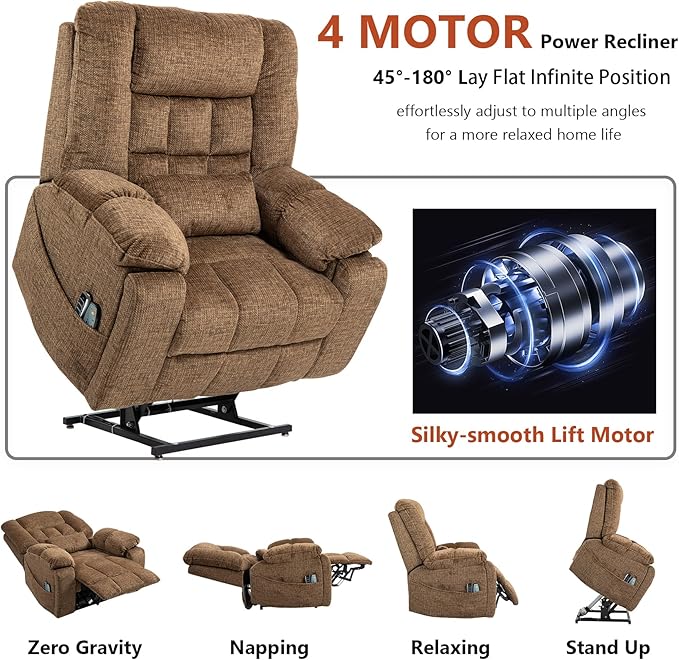 4 Motor Power Lift Recliner Chair for Elderly Oversized Lay Flat Recliner with Massage Heat Adjustable Headrest Hidden Cup Holders Zero Gravity Big and Tall Recliners Caramel