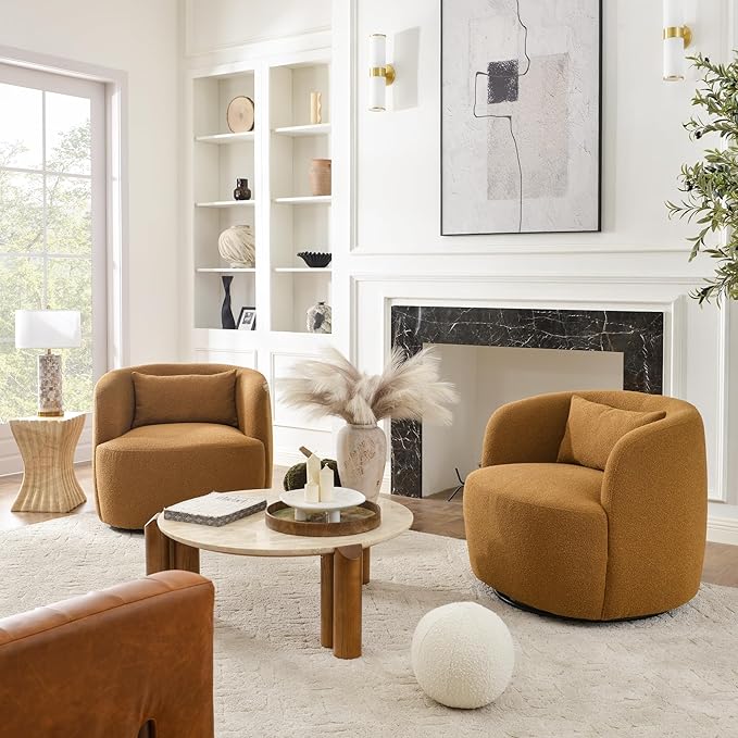 KINWELL 34 Wide Boucle Swivel Barrel Chairs Set of 2 No Assembly Round Upholstered Armchairs Accent Chairs Single Sofa Chair with Toss Pillow for Living Room and Bedroom Brown
