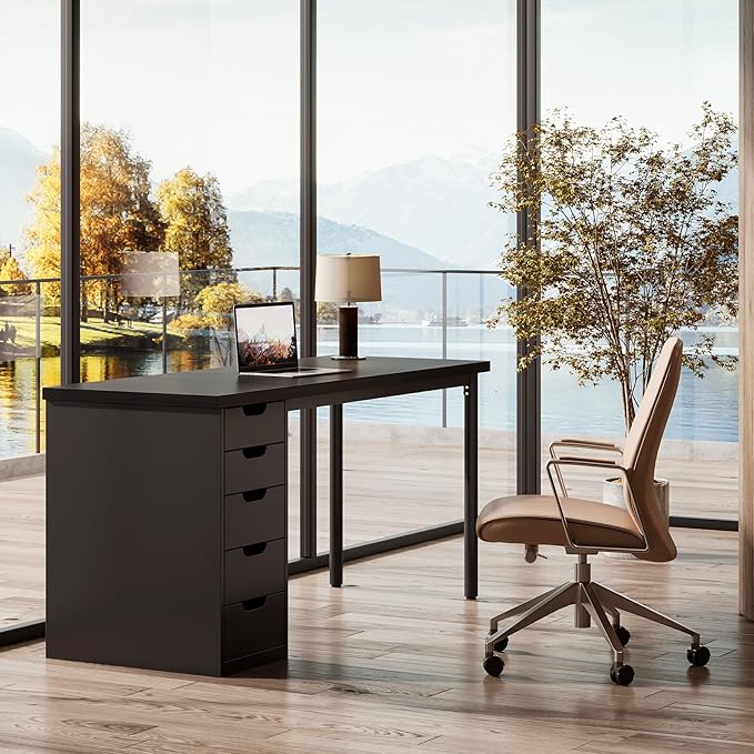 Tribesigns Modern Simple Computer Desk 47 Inches PC Desk with 5 Reversible Drawers Rustic Brown Study Writing Table Workstation for Home Office Small Spaces (Black)