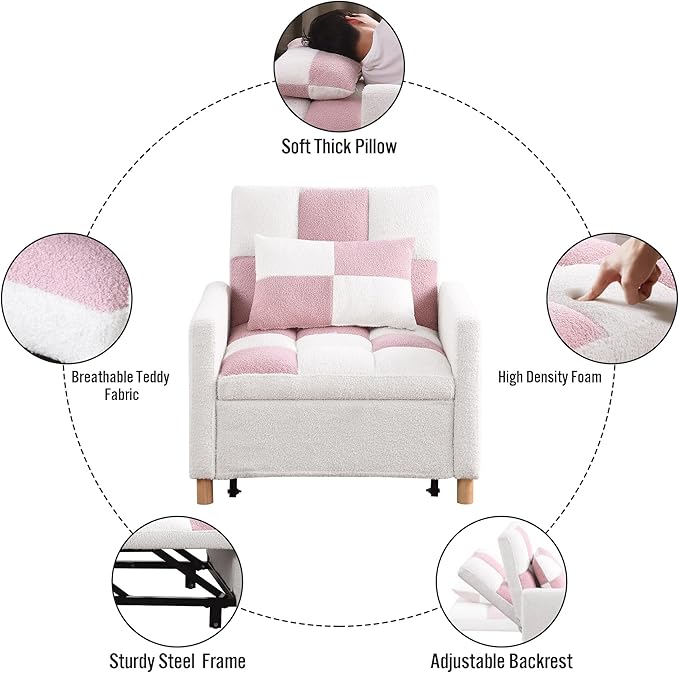 Sleeper Sofa Bed 3-in-1 Convertible Chair Bed Multi-Functional Sleeper Chair Soft Teddy Fabric for Living Room Apartment Office (White&ampPink)