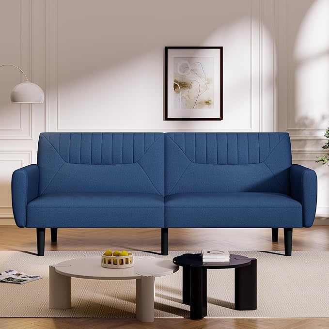 Futon Sofa Bed75.8 Linen Fabric Comfy Futon Couch Bed3 Seater Convertible Sleeper Sofa with Adjustable BackrestsModern Folding Loveseat for Living RoomOfficeApartmentBedroomBlue