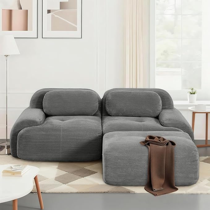SoarFlash 81” Sectional Cloud Boneless Sofa Couches for Living Room-2 Seater L-Shaped Modern Lounge Couch-No Assembly Modular Corduroy Convertible Sponge Sleeper Sofas with Chaise for Home HouseGrey