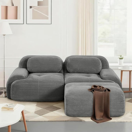 SoarFlash 81” Sectional Cloud Boneless Sofa Couches for Living Room-2 Seater L-Shaped Modern Lounge Couch-No Assembly Modular Corduroy Convertible Sponge Sleeper Sofas with Chaise for Home HouseGrey