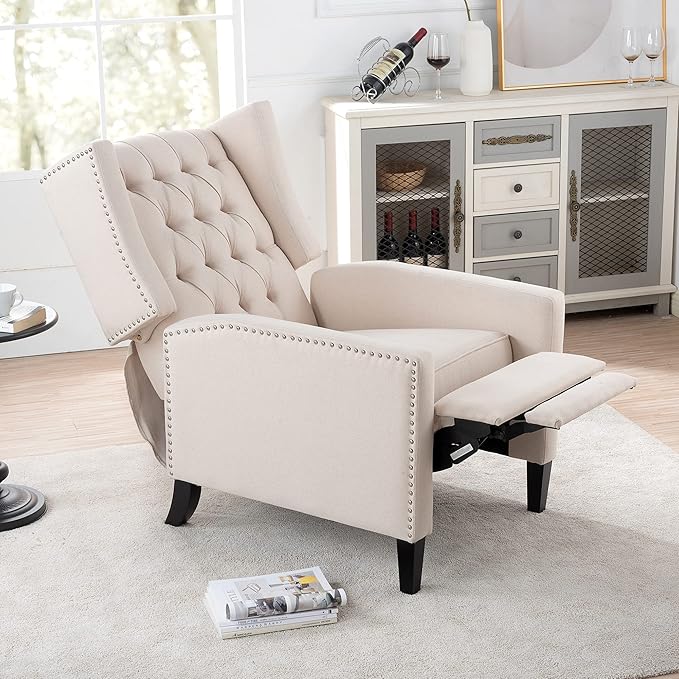 Pushback Recliner ChairComfy Wingback Recliner Sofa Chair with Adjustable BackrestTufted Fabric Accent Armchair with Vintage Rivets Trim for Living Room Office Home Theater (Beige-New)