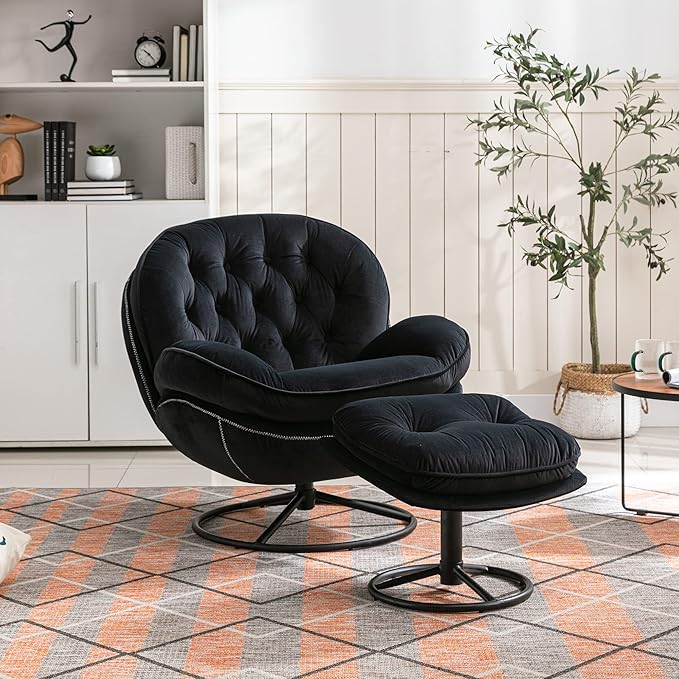 Bellemave Velvet Accent Chair with Ottoman Comfy Armchair with Footrest Modern TV Chair Living Room Chair for Living Room Bedroom Home Office Metal Base Frame (360 Degree Swiveling Black)