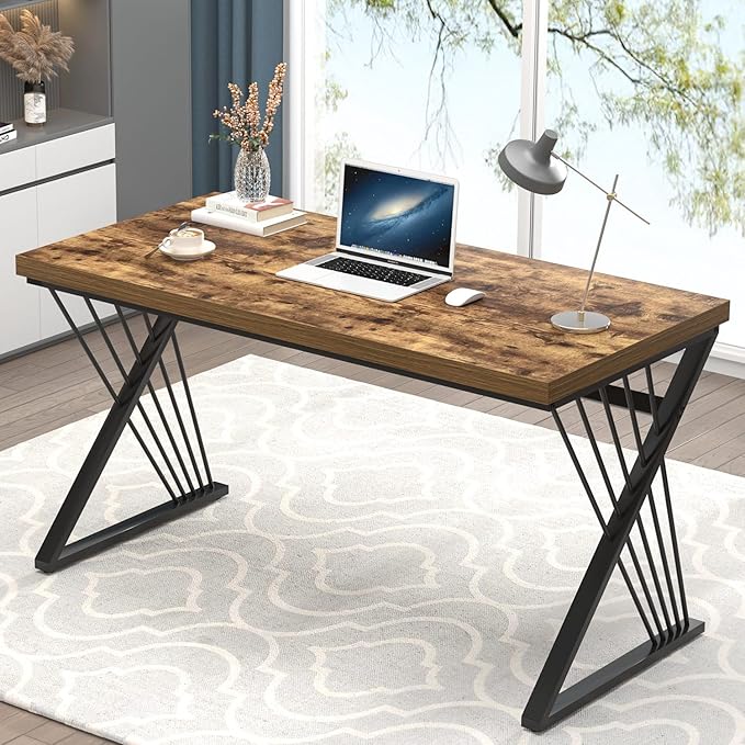 FOLUBAN Home Office Desk Modern Wood and Metal Computer Desk Simple Writing Work PC Desks for Bedroom Industrial Study Gaming Table for Living Room Rustic Brown 53 Inch