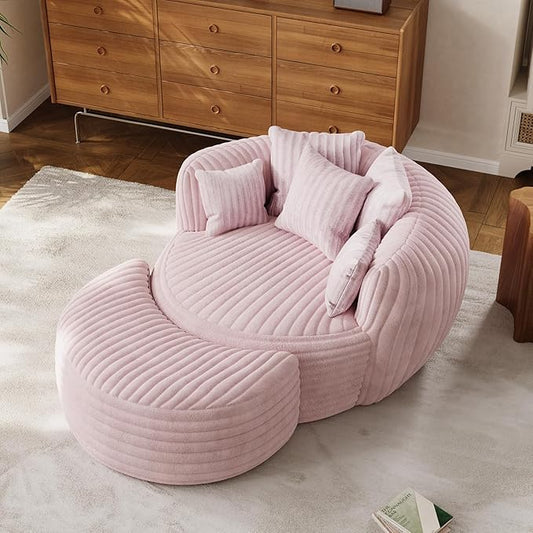 50 Oversized Chaise Lounge Indoor Round Reading Chair Lounge Chair with Ottoman Boneless Sofa Bed Large Fluffy Plush Corduroy Chaise Chair for Living Room Playroom Bedroom Pink