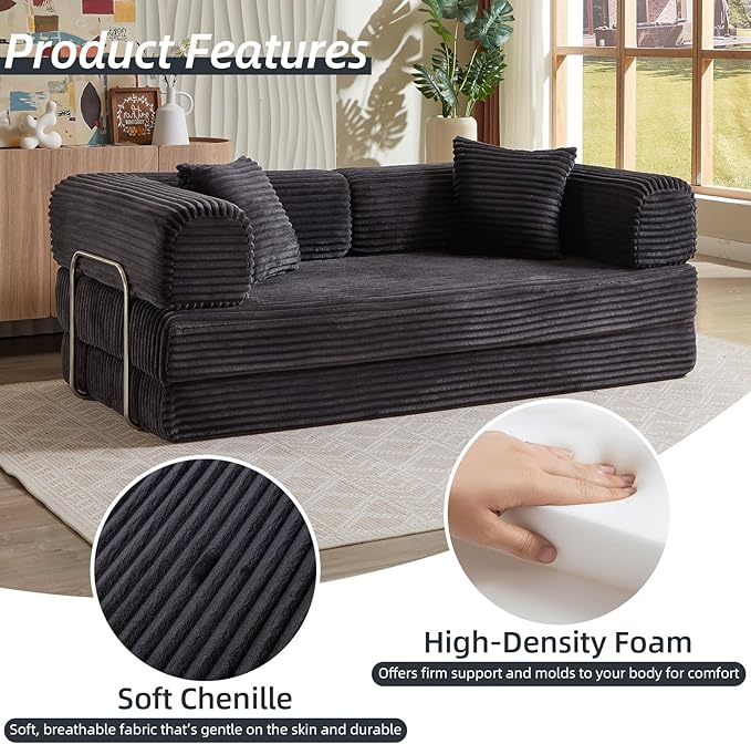 4-in-1 Convertible Folding Sleeper Sofa Bed Plush Corduroy Foldable Mattress Couch with Fixed-Shape Frame Floor Compressed Sofa for Living Room Bedroom (Dark Grey)