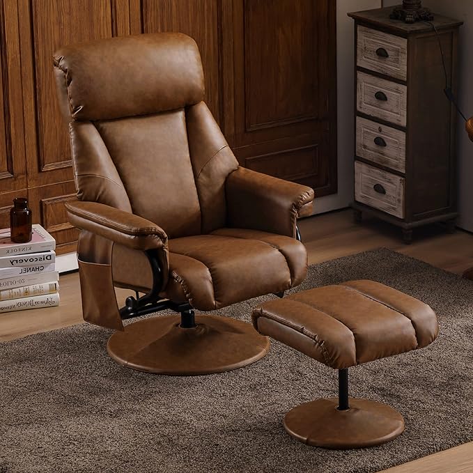 MCombo Swivel Recliner with Ottoman TV Chair with Vibration Massage Ideal for RV Small Space Living Room &amp Bedroom 4539 4828 (Faux Leather Saddle)