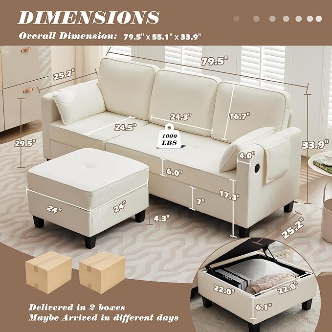 MAGIC UNION Convertible Sectional Couches for Living Room - Small Space Couches L-Shaped Sofa Upholstered 3 Seats Sofas W/Storage Chaise USB Ports Side Pockets and Pillows (Corduroy Fabric White)