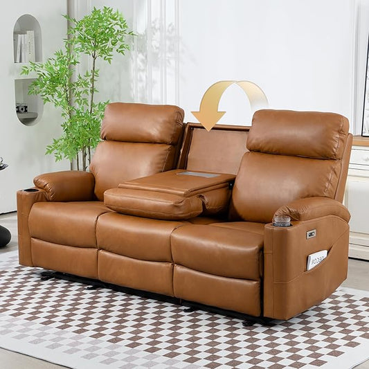 Power Reclining Sofa - 3 Seater Recliner Sofás PU Leather Sofa Home Theater Seating with Flipped Middle Backrest Power Recliner Couch for Living Room(Brown)