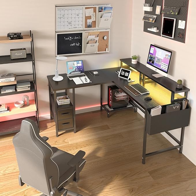Lufeiya L Shaped Gaming Desk with Led Lights and Power Outlets 48 Inch Corner Home Office Desk with Monitor Stand Shelves Writing Study Computer Desks with Fabric Drawers for Bedroom Black