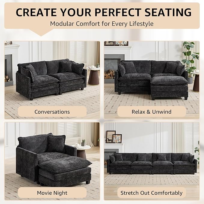 111.5 Black Modern Large Sectional Couches for Living Room Chenille L Shaped Modular Sectional Sofa Oversized 3 Seater Cloud Couch with Ottomans Deep Seat Sofas Set Sofa para Sala