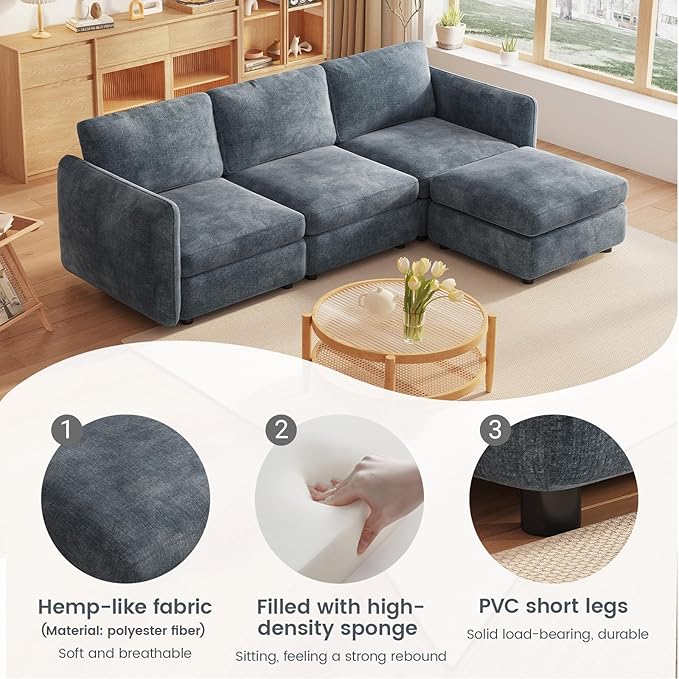 Guyii L Shaped Modern Sofa for 4 People Modular Sectional Couch with Storage Ottoman 4 Seater Sofa for Living Room Bedroom Apartment Office Easy Assemble Blue