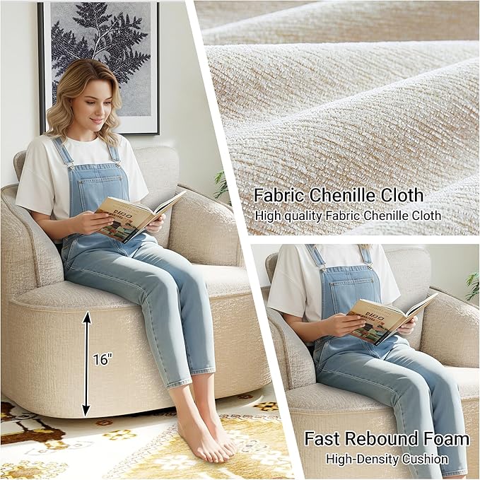 36 Swivel Barrel Chair 360° Rotating Accent Chair with Plush Chenille Upholstery Ergonomic Back &amp Boneless Comfort for Living Room Bedroom Office No-Assembly Beige