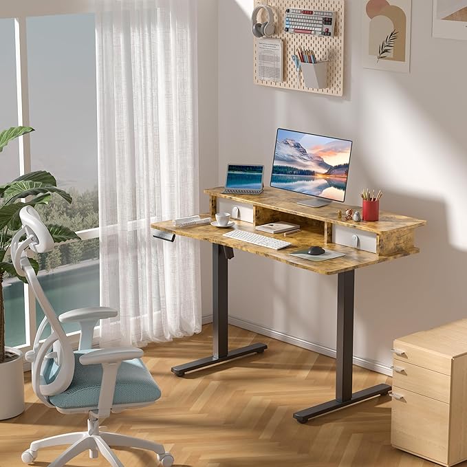 MSZ Sit &amp Standing Desk Adjustable Height Electric Sit Stand Up Down Computer Table 48x24 Inch Ergonomic Rising Modern Lift Motorized Gaming Desktop Work Home Office (Brown-Single Bookcase)