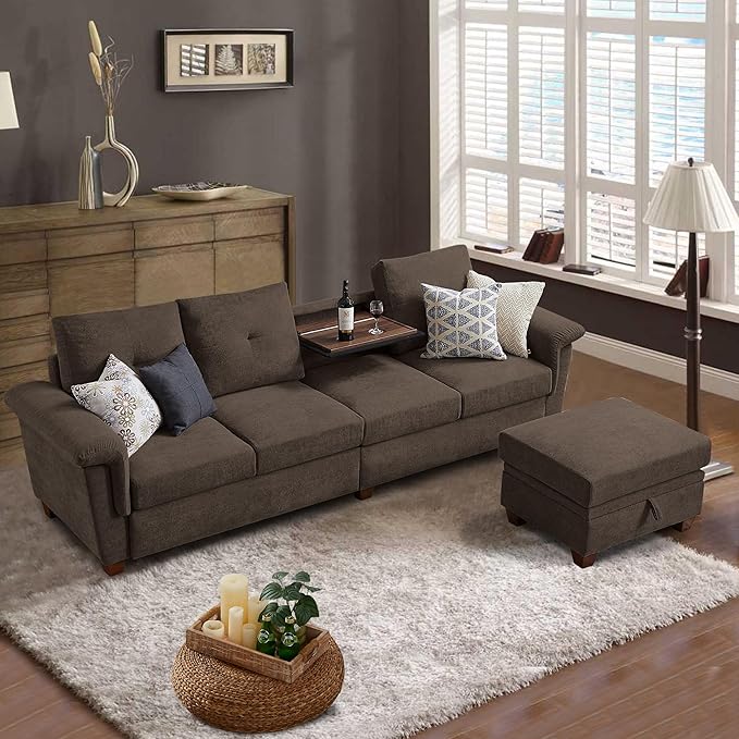 Convertible Sectional Sofa with Storage 4 Seat L Shaped Couch with Chaise and Cup Holder Modern Microfiber Fabric Sofas Couches for Living Room Dark Coffee