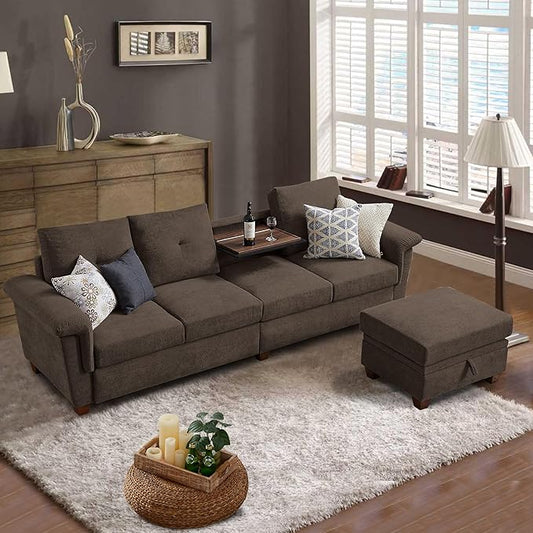 Convertible Sectional Sofa with Storage 4 Seat L Shaped Couch with Chaise and Cup Holder Modern Microfiber Fabric Sofas Couches for Living Room Dark Coffee