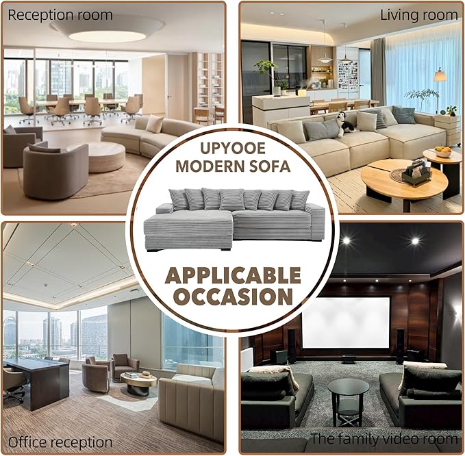 111'' Modern Sectional Sofa L-Shaped Corduroy Couch with Left Chaise Daybed Extra-Wide Oversized Lounge 8 Pillows Corner Sofa Set for Living Room Apartment Office Hotel Bedroom Grey