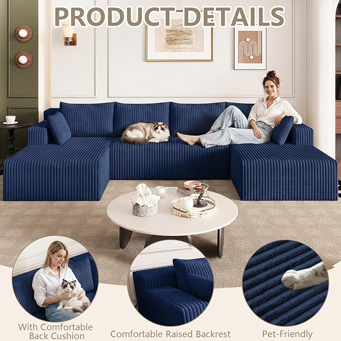 124 U Shaped Cloud Couch Sectional Corduroy Upholstered 4-Seater Cloud Couches for Living Room Deep Seat Modular Boneless Sofa with Lounge Chaise No Assembly Required Blue
