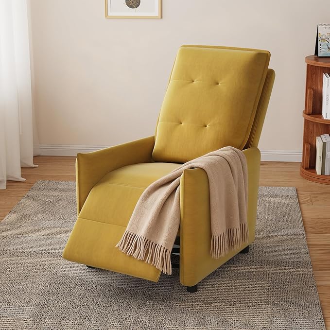 Manual Recliner Chair for Adult Velvet Reclining Chair with Chunky Cushion for Small Space Comfortable Reclining Sofa for Living Room Bedroom Home Theater Easy Assembly (Yellow)
