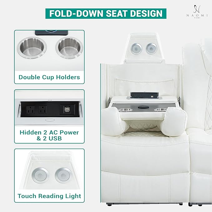 Chicago Home Theater Recliner Chair – Bluetooth Speakers Wireless Charging Power Recline Adjustable Headrest LED Lighting Cup Holders &amp Premium Faux Leather for Ultimate Comfort