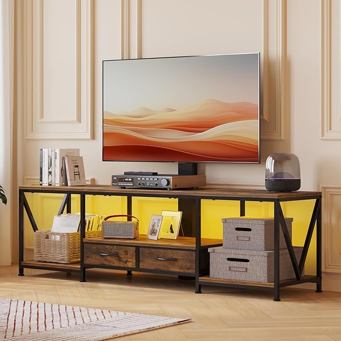 63 W TV Stand with Mount for 556575 TVEntertainment Center with Power Outlet&ampLed LightsHeight Adjustable TV Console Table with Open Storage Shelves&ampFabric Drawers (Rustic Brown 63“W)